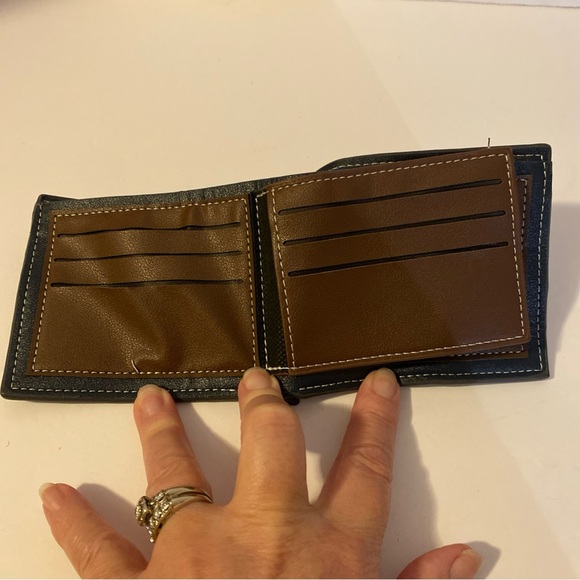 Men’s Wallet Pu Leather Brown Navy Multi Card Slots Bifold Striped Texture - Picture 2 of 4